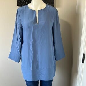 LAFAYETTE 148 Silk Blue Notched Neck Top Blouse Career Shirt Sz M
